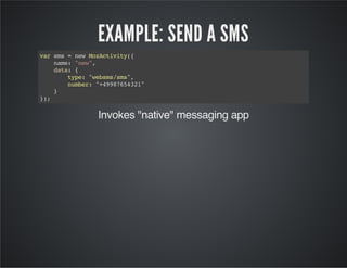 EXAMPLE: SEND A SMS
varsms=newMozActivity({
name:"new",
data:{
type:"websms/sms",
number:"+49987654321"
}
});
Invokes "native" messaging app
 