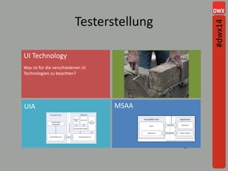 Testerstellung
19
Was ist für die verschiedenen UI
Technologien zu beachten?
UI Technology
UIA MSAA
#dwx14
 