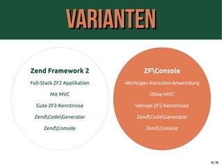 VariantenVarianten
10 / 59
Zend Framework 2
Full-Stack ZF2 Applikation
Mit MVC
Gute ZF2-Kenntnisse
ZendCodeGenerator
ZendC...