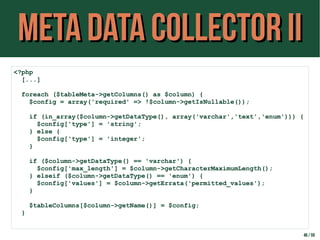 Meta Data Collector IIMeta Data Collector II
46 / 59
<?php
[...]
foreach ($tableMeta->getColumns() as $column) {
$config =...