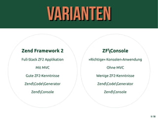VariantenVarianten
9 / 59
Zend Framework 2
Full-Stack ZF2 Applikation
Mit MVC
Gute ZF2-Kenntnisse
ZendCodeGenerator
ZendCo...