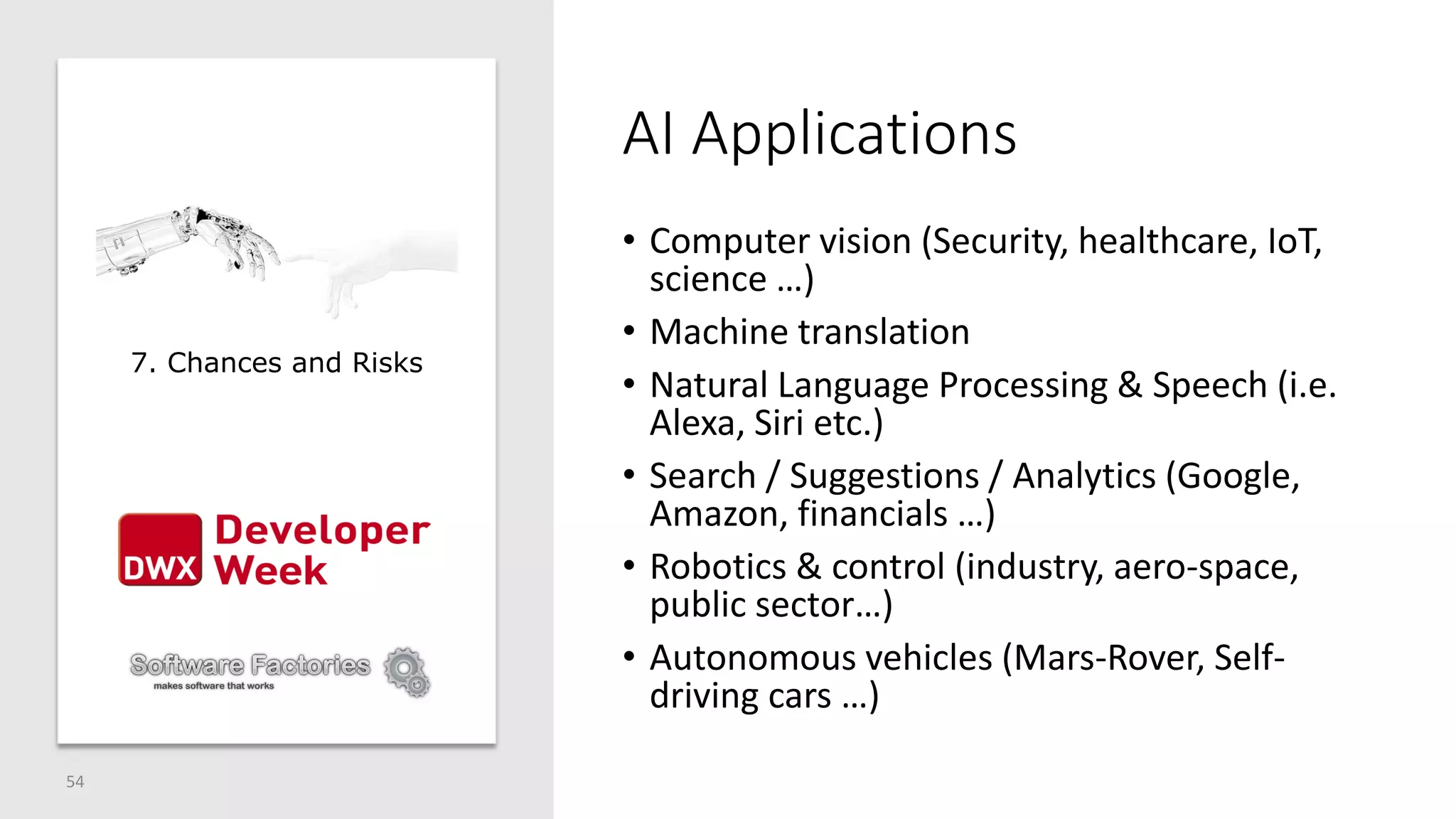 AI Applications
• Computer vision (Security, healthcare, IoT,
science …)
• Machine translation
• Natural Language Processing & Speech (i.e.
Alexa, Siri etc.)
• Search / Suggestions / Analytics (Google,
Amazon, financials …)
• Robotics & control (industry, aero-space,
public sector…)
• Autonomous vehicles (Mars-Rover, Self-
driving cars …)
54
7. Chances and Risks
 
