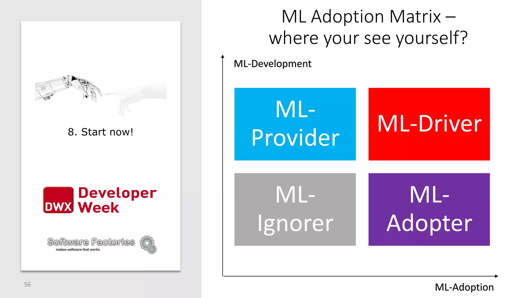ML Adoption Matrix –
where your see yourself?
56
8. Start now!
ML-
Provider
ML-Driver
ML-
Ignorer
ML-
Adopter
ML-Adoption
ML-Development
 