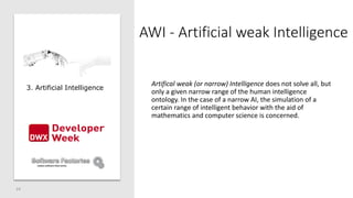 AWI - Artificial weak Intelligence
Artifical weak (or narrow) Intelligence does not solve all, but
only a given narrow ran...