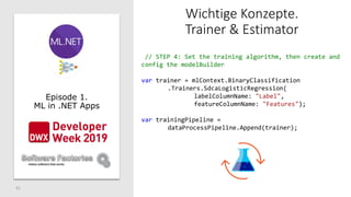31
Wichtige Konzepte.
Trainer & Estimator
Episode 1.
ML in .NET Apps
// STEP 4: Set the training algorithm, then create and
config the modelBuilder
var trainer = mlContext.BinaryClassification
.Trainers.SdcaLogisticRegression(
labelColumnName: "Label",
featureColumnName: "Features");
var trainingPipeline =
dataProcessPipeline.Append(trainer);
 