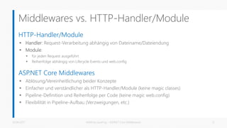 Middlewares vs. HTTP-Handler/Module
HTTP-Handler/Module
 Handler: Request-Verarbeitung abhängig von Dateiname/Dateiendung
 Module:
 für jeden Request ausgeführt
 Reihenfolge abhängig von Lifecycle Events und web.config
ASP.NET Core Middlewares
 Ablösung/Vereinheitlichung beider Konzepte
 Einfacher und verständlicher als HTTP-Handler/Module (keine magic classes)
 Pipeline-Definition und Reihenfolge per Code (keine magic web.config)
 Flexibilität in Pipeline-Aufbau (Verzweigungen, etc.)
26.06.2017 Matthias Jauernig - ASP.NET Core Middlewares 12
 