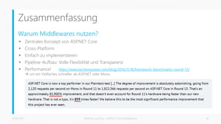 Zusammenfassung
Warum Middlewares nutzen?
 Zentrales Konzept von ASP.NET Core
 Cross-Platform
 Einfach zu implementieren
 Pipeline-Aufbau: Volle Flexibilität und Transparenz
 Performance! https://www.techempower.com/blog/2016/11/16/framework-benchmarks-round-13/
 um ein Vielfaches schneller als ASP.NET oder Mono
26.06.2017 Matthias Jauernig - ASP.NET Core Middlewares 32
 