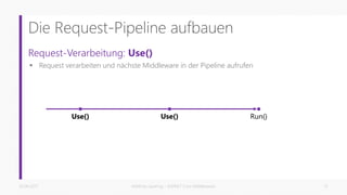 Die Request-Pipeline aufbauen
Request-Verarbeitung: Use()
 Request verarbeiten und nächste Middleware in der Pipeline aufrufen
26.06.2017 Matthias Jauernig - ASP.NET Core Middlewares 15
Use() Run()Use()
 