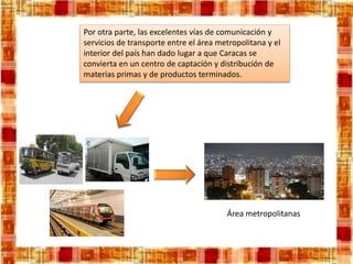Por otra parte, las excelentes vías de comunicación y
servicios de transporte entre el área metropolitana y el
interior del país han dado lugar a que Caracas se
convierta en un centro de captación y distribución de
materias primas y de productos terminados.
Área metropolitanas
 