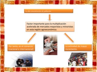 La alta concentración de población
Factor importante para la multiplicación
acelerada de mercados mayoristas y minoristas
en esta región agroeconómica.
Por tanto, es el comercio
(nacional e internacional)
La actividad de mayor
incremento.
 