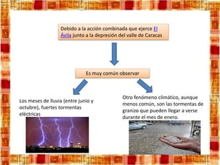 Debido a la acción combinada que ejerce El
Ávila junto a la depresión del valle de Caracas
Es muy común observar
Los meses de lluvia (entre junio y
octubre), fuertes tormentas
eléctricas
Otro fenómeno climático, aunque
menos común, son las tormentas de
granizo que pueden llegar a verse
durante el mes de enero.
 