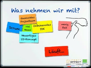Was nehmen wir mit?
viel
Neues
Scrum
Neuartiges
UI-Konzept
wenig
Zeit
Unbekanntes
SDK
Gemischtes
Projektteam
Läuft...
 