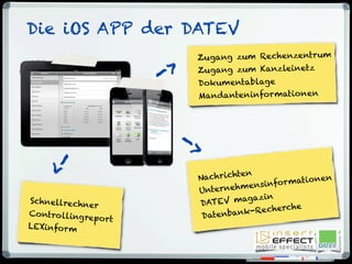 Die iOS APP der DATEV
Nachrichten
Unternehmensinformationen
DATEV magazin
Datenbank-Recherche
Schnellrechner
Controllingreport
LEXinform
Zugang zum Rechenzentrum
Zugang zum Kanzleinetz
Dokumentablage
Mandanteninformationen
->
->
->
 