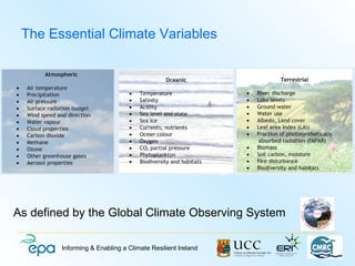 The Essential Climate Variables




As defined by the Global Climate Observing System

        Informing & Enabling a Climate Resilient Ireland
 