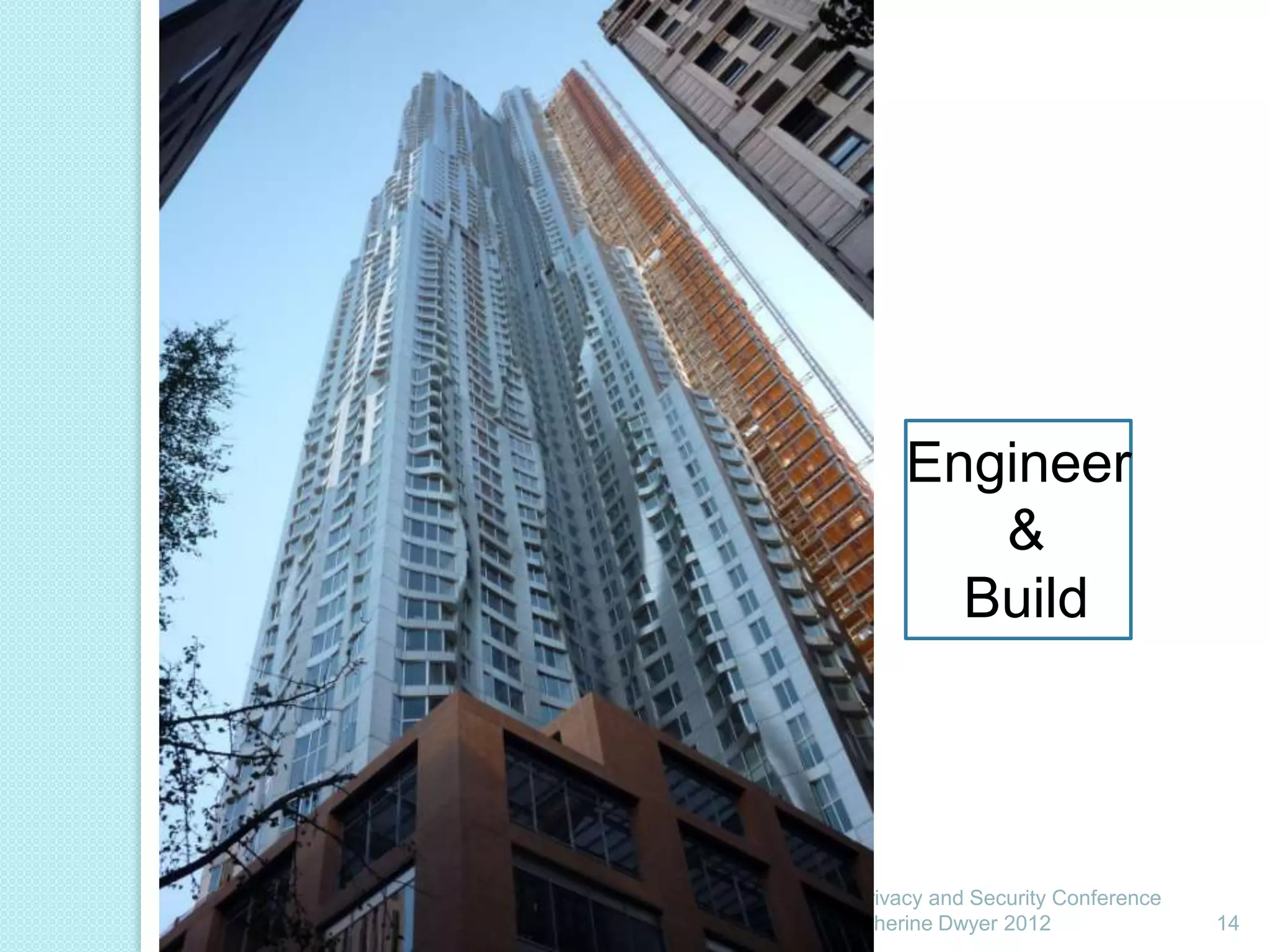 Engineer
                     &
                    Build




Pitney Bowes Privacy and Security Conference
6/26/2012 © Catherine Dwyer 2012               14
 