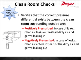 Clean Room Checks
• Verifies that the correct pressure
differential exists between the clean
room surrounding outside area
– Positively Pressurized: in case of leaks,
clean air leaks out instead dirty air and
germs leaking in
– Negatively Pressurized: In case of leaks,
clean air enters instead of the dirty air and
germs leaking out
Dwyer
478A, 475,
or 477B
 