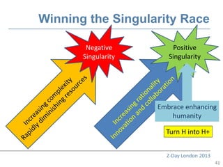 Winning the Singularity Race

        Negative          Positive
       Singularity      Singularity




                     Embrace enhancing
                         humanity

                       Turn H into H+


                       Z-Day London 2013
                                           41
 
