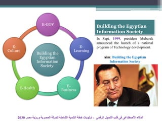 Building the Egyptian
Information Society
In Sept. 1999, president Mubarak
announced the launch of a national
program of Technology development.
Aim: Building the Egyptian
Information Society
Building the
Egyptian
Information
Society
E-GOV
E-
Learning
E-
Business
E-Health
E-
Culture
‫الرقمى‬ ‫التحول‬ ‫قلب‬ ‫فى‬ ‫األصطناعى‬ ‫الذكاء‬:‫مصر‬ ‫ورؤية‬ ‫المصرية‬ ‫للدولة‬ ‫الشاملة‬ ‫التنمية‬ ‫خطة‬ ‫أولويات‬2030
 