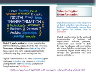 What is Digital
transformation
Digital transformation is the integration
of digital technology into all areas of a
business, fundamentally changing how
you operate and deliver value to
customers.
Digital transformation is the profound
transformation of business and
organizational activities, processes,
competencies and models to fully
leverage the changes and opportunities
of a mix of digital technologies and their
accelerating impact across society in a
strategic and prioritized way, with
present and future...
Digital Transformation has been a term that has
been tossed around, especially in the past few years.
Consumers and employees are interacting with
businesses in new ways forcing organizations to
rethink the way they use technology and data.
Digital Transformation is all about empowering your
employees, engaging your customers, optimizing
your operations and transforming your product
through systems of intelligence.
‫الرقمى‬ ‫التحول‬ ‫قلب‬ ‫فى‬ ‫األصطناعى‬ ‫الذكاء‬:‫مصر‬ ‫ورؤية‬ ‫المصرية‬ ‫للدولة‬ ‫الشاملة‬ ‫التنمية‬ ‫خطة‬ ‫أولويات‬2030
 