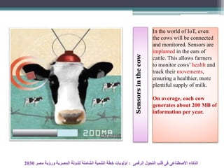 Sensorsinthecow
In the world of IoT, even
the cows will be connected
and monitored. Sensors are
implanted in the ears of
cattle. This allows farmers
to monitor cows’ health and
track their movements,
ensuring a healthier, more
plentiful supply of milk.
On average, each cow
generates about 200 MB of
information per year.
‫الرقمى‬ ‫التحول‬ ‫قلب‬ ‫فى‬ ‫األصطناعى‬ ‫الذكاء‬:‫مصر‬ ‫ورؤية‬ ‫المصرية‬ ‫للدولة‬ ‫الشاملة‬ ‫التنمية‬ ‫خطة‬ ‫أولويات‬2030
 
