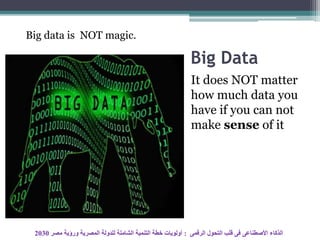 Big Data
It does NOT matter
how much data you
have if you can not
make sense of it
Big data is NOT magic.
‫الرقمى‬ ‫التحول‬ ‫قلب‬ ‫فى‬ ‫األصطناعى‬ ‫الذكاء‬:‫مصر‬ ‫ورؤية‬ ‫المصرية‬ ‫للدولة‬ ‫الشاملة‬ ‫التنمية‬ ‫خطة‬ ‫أولويات‬2030
 