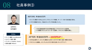 08 社員事例③
山本さん
30代後半
BEFORE：年収600万円
AFTER：年収820万円→ 220万円UP！
▶ 大手SIer案件にて、オンプレ環境からAWSへのクラウド移行（設計・構築）を担当。
▶ マネジメントも経験し、オンプレからクラウド移行を担いキャリアアップ！
▶ AWS資格取得や社外研修を通じてクラウドスキルを習得。
▶ 小規模プロジェクトでリーダーを務め、マネジメント経験も積む。
▶ オンプレ環境で10年以上のインフラエンジニア経験、サーバー・NW・DBを幅広く担当。
▶ クラウド経験が少なく、今後のキャリアに不安を感じていた。
▶ サーバー構築（ Linux/Windows）
▶ ネットワーク設計・運用
▶ データベース（ MySQL / Oracle）
▶ 仮想化基盤（ VMware）
スキル
 