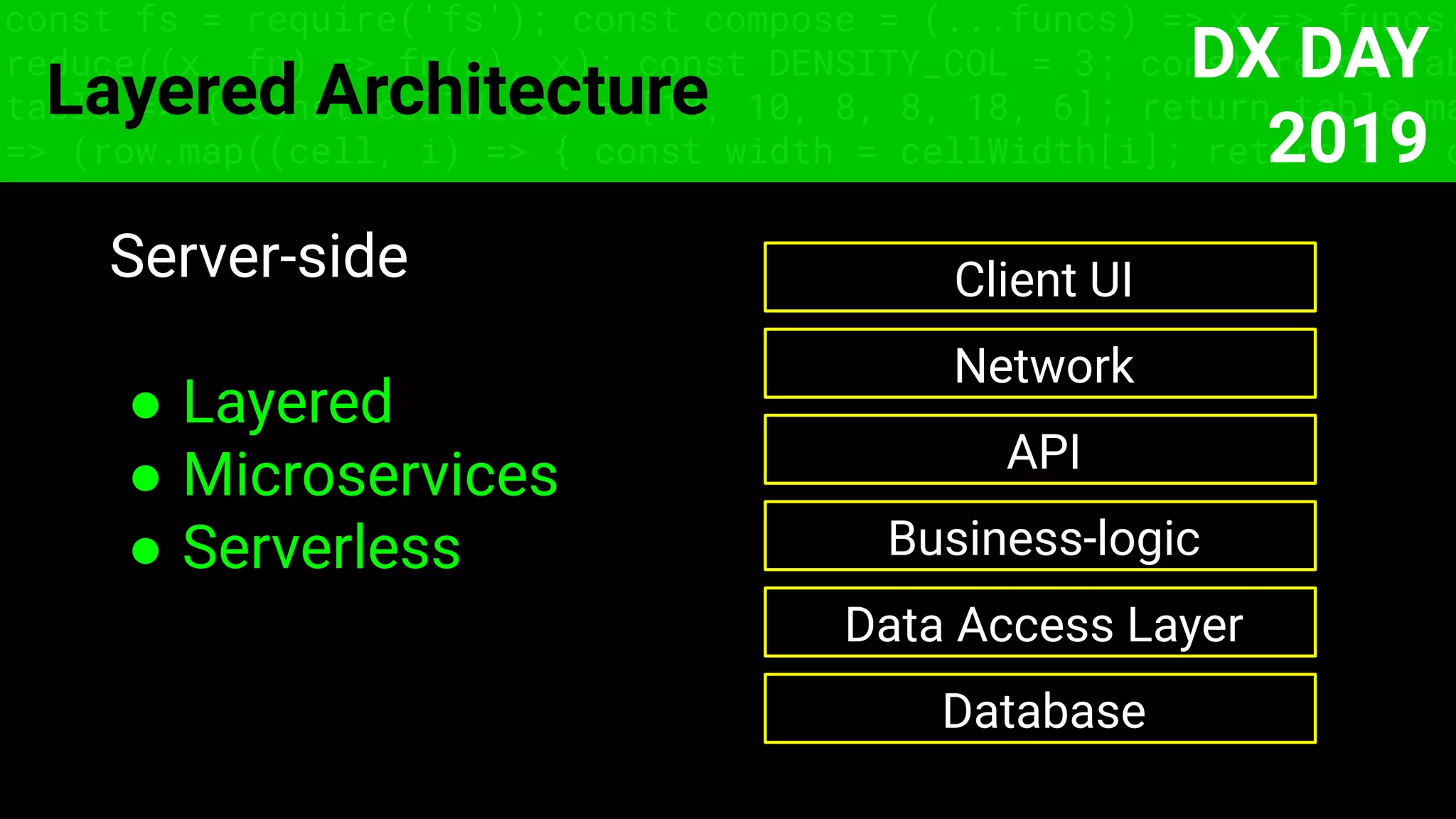 const fs = require('fs'); const compose = (...funcs) => x => funcs.
reduce((x, fn) => fn(x), x); const DENSITY_COL = 3; const renderTab
table => { const cellWidth = [18, 10, 8, 8, 18, 6]; return table.ma
=> (row.map((cell, i) => { const width = cellWidth[i]; return i ? c
Layered Architecture
Server-side
● Layered
● Microservices
● Serverless
Database
Data Access Layer
Business-logic
API
Network
DX DAY
2019
Client UI
 
