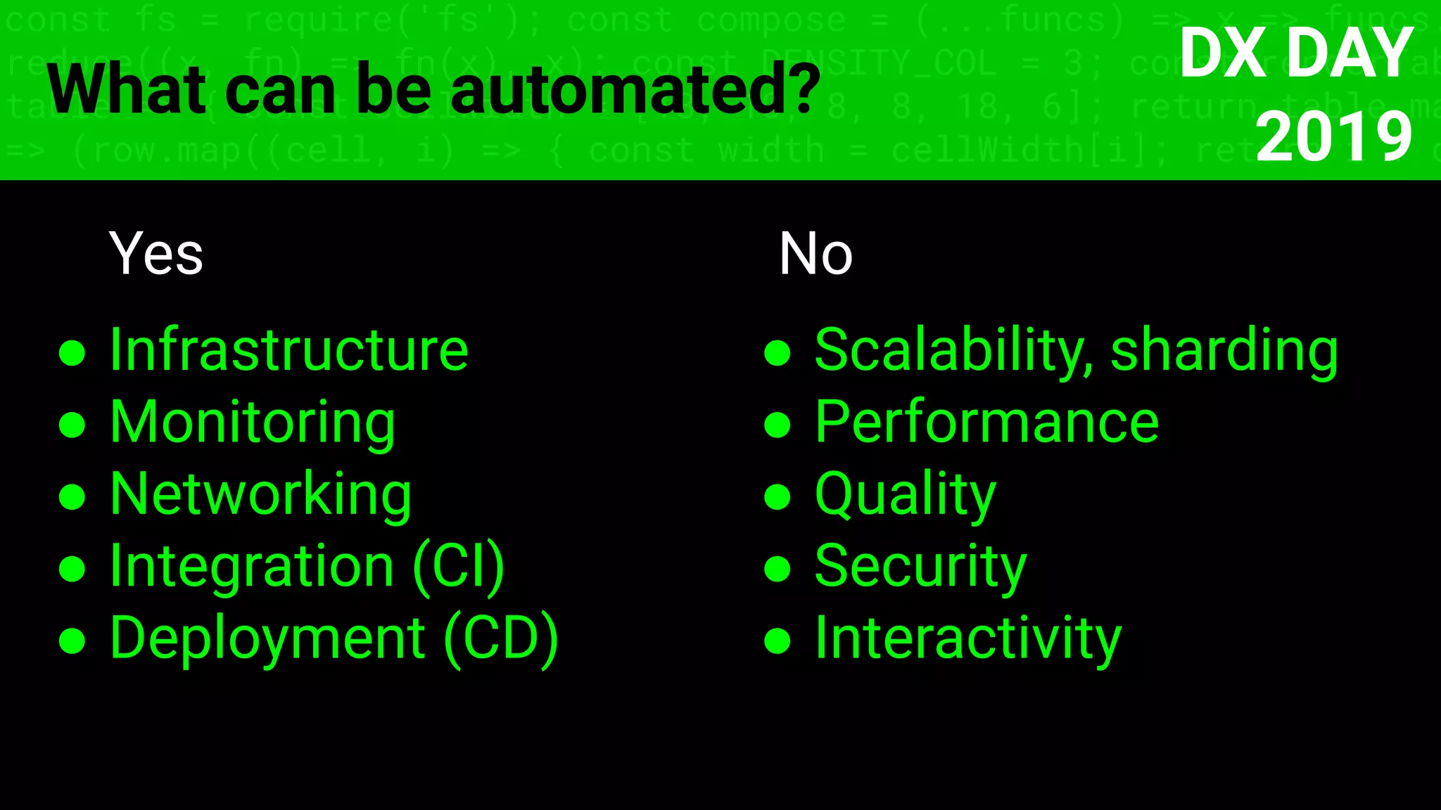 const fs = require('fs'); const compose = (...funcs) => x => funcs.
reduce((x, fn) => fn(x), x); const DENSITY_COL = 3; const renderTab
table => { const cellWidth = [18, 10, 8, 8, 18, 6]; return table.ma
=> (row.map((cell, i) => { const width = cellWidth[i]; return i ? c
What can be automated?
Yes
● Infrastructure
● Monitoring
● Networking
● Integration (CI)
● Deployment (CD)
No
● Scalability, sharding
● Performance
● Quality
● Security
● Interactivity
DX DAY
2019
 