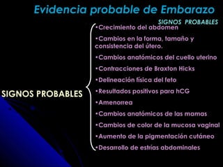 •Crecimiento del abdomen
•Cambios en la forma, tamaño y
consistencia del útero.
•Cambios anatómicos del cuello uterino
•Contracciones de Braxton Hicks
•Delineación física del feto
•Resultados positivos para hCG
•Amenorrea
•Cambios anatómicos de las mamas
•Cambios de color de la mucosa vaginal
•Aumento de la pigmentación cutáneo
•Desarrollo de estrías abdominales
SIGNOS PROBABLESSIGNOS PROBABLES
Evidencia probable de EmbarazoEvidencia probable de Embarazo
SIGNOS PROBABLESSIGNOS PROBABLES
 