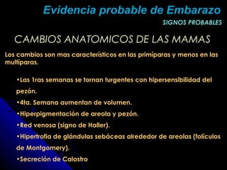 CAMBIOS ANATOMICOS DE LAS MAMASCAMBIOS ANATOMICOS DE LAS MAMAS
Los cambios son mas característicos en las primíparas y menos en las
multíparas.
•Las 1ras semanas se tornan turgentes con hipersensibilidad del
pezón.
•4ta. Semana aumentan de volumen.
•Hiperpigmentación de areola y pezón.
•Red venosa (signo de Haller).
•Hipertrofia de glándulas sebáceas alrededor de areolas (folículos
de Montgomery).
•Secreción de Calostro
SIGNOS PROBABLESSIGNOS PROBABLES
Evidencia probable de EmbarazoEvidencia probable de Embarazo
 