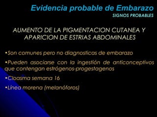 AUMENTO DE LA PIGMENTACION CUTANEA Y
APARICION DE ESTRIAS ABDOMINALES
•Son comunes pero no diagnosticas de embarazo
•Pueden asociarse con la ingestión de anticonceptivos
que contengan estrógenos-progestagenos
•Cloasma semana 16
•Línea morena (melanóforos)
SIGNOS PROBABLESSIGNOS PROBABLES
Evidencia probable de EmbarazoEvidencia probable de Embarazo
 