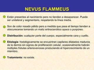 Están presentes al nacimiento pero no tienden a desaparecer. Puede ser unilateral y segmentario, respetando la línea media.  Son de color rosado pálido pero a medida que pasa el tiempo tienden a obscurecerse tomando un matiz eritrocianótico opaco o purpúreo. Distribución:  cualquier parte del cuerpo, especialmente cara y cuello. Etiología : histológicamente se encuentran capilares dilatados maduros de la dermis sin signos de proliferación celular, ocasionalmente habrán múltiples fístulas arteriovenosas produciendo el hipercrecimiento de un miembro. Tratamiento : no existe. NEVUS FLAMMEUS 