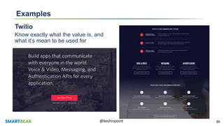 20@keshinpoint
Examples
Twilio
Know exactly what the value is, and
what it’s mean to be used for
 