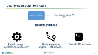 22@keshinpoint
3.b. “How Should I Register?”
How do I register? Focus: Decision Makers, API
Users
Explain setup in
comprehensive fashion
Recommendations
Minimal steps to
register – 30 seconds
Provide API console
 