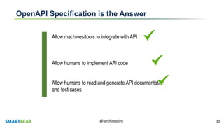 32@keshinpoint
OpenAPI Specification is the Answer
Allow machines/tools to integrate with API
Allow humans to implement API code
Allow humans to read and generate API documentation
and test cases
 