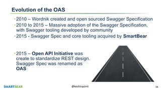34@keshinpoint
Evolution of the OAS
•2010 – Wordnik created and open sourced Swagger Specification
•2010 to 2015 – Massive adoption of the Swagger Specification,
with Swagger tooling developed by community
•2015 - Swagger Spec and core tooling acquired by SmartBear
•2015 – Open API Initiative was
create to standardize REST design.
Swagger Spec was renamed as
OAS
 
