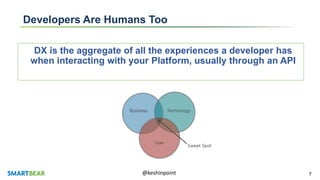 7@keshinpoint
Developers Are Humans Too
DX is the aggregate of all the experiences a developer has
when interacting with your Platform, usually through an API
 