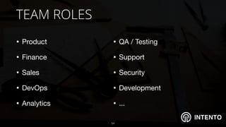 INTENTO
TEAM ROLES
• Product

• Finance

• Sales

• DevOps

• Analytics
!54
• QA / Testing

• Support

• Security

• Development

• ...
 
