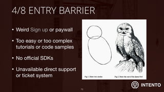 INTENTO
4/8 ENTRY BARRIER
• Weird Sign up or paywall

• Too easy or too complex
tutorials or code samples

• No oﬃcial SDKs

• Unavailable direct support
or ticket system
!73
 