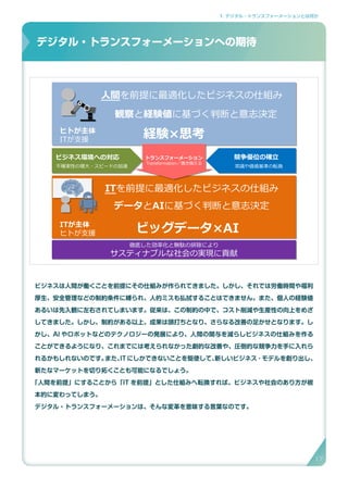 1. デジタル・トランスフォーメーションとは何か
デジタル・トランスフォーメーションへの期待
ビジネスは人間が働くことを前提にその仕組みが作られてきました。しかし、それでは労働時間や福利
厚生、安全管理などの制約条件に縛られ、人的ミスも払拭することはできません。また、個人の経験値
あるいは先入観に左右されてしまいます。従来は、この制約の中で、コスト削減や生産性の向上をめざ
してきました。しかし、制約がある以上、成果は頭打ちとなり、さらなる改善の足かせとなります。し
かし、AI やロボットなどのテクノロジーの発展により、人間の関与を減らしビジネスの仕組みを作る
ことができるようになり、これまでには考えられなかった劇的な改善や、圧倒的な競争力を手に入れら
れるかもしれないのです。また、IT にしかできないことを駆使して、新しいビジネス ･ モデルを創り出し、
新たなマーケットを切り拓くことも可能になるでしょう。
「人間を前提」にすることから「IT を前提」とした仕組みへ転換すれば、ビジネスや社会のあり方が根
本的に変わってしまう。
デジタル・トランスフォーメーションは、そんな変革を意味する言葉なのです。
デジタル・トランスフォーメーションへの期待
人間を前提に最適化したビジネスの仕組み
ITを前提に最適化したビジネスの仕組み
観察と経験値に基づく判断と意志決定
データとAIに基づく判断と意志決定
ビッグデータ×AI
経験×思考
トランスフォーメーション
Transformation／置き換える
ビジネス環境への対応 競争優位の確立
不確実性の増大・スピードの加速 常識や価値基準の転換
ヒトが主体
ITが支援
ITが主体
ヒトが支援
徹底した効率化と無駄の排除により
サスティナブルな社会の実現に貢献
徹底した効率化と無駄の排除により
サスティナブルな社会の実現に貢献
17
 