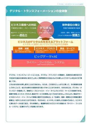 1. デジタル・トランスフォーメーションとは何か
デジタル・トランスフォーメーションとは、デジタル・テクノロジーの発展が、伝統的な仕事のあり方
や社会の仕組みを根本的に変えてしまい、「限界費用ゼロ社会」のような新しいパラダイムを生みだす「現
象」です。
この大きな流れを押し戻すことはできません。ならば、この流れにしっかりと乗って、その実現を主導
してゆくことで、私たちは新たな役割を切り拓いてゆくことができます。そのためには、デジタル ･ テ
クノロジーを駆使して、現場のニーズにジャスト・イン・タイムでビジネス ･ サービスを提供できる、
組織や体制、ビジネス・プロセス、製品やサービスを実現しなくてはなりません。これにより、「製品やサー
ビスをジャスト・イン・タイムで現場に提供できる即応力」と「生産性・価格・期間などの常識を覆す
破壊力」を手に入れることができます。そのために、ヒトやモノに依存した仕組みではなく、ビジネス
に関わるデータを全て捉え、それを解析し、最適解を見つけてビジネスを動かす「サイバー・フィジカ
ル・システム（広義の IoT）」が必要となります。
デジタル･トランスフォーメーションの全体像
ビジネス環境への対応 競争優位の確立
不確実性の増大・スピードの加速
製品やサービスをジャストインタイム
で提供できる即応力
常識や価値基準の転換
生産性・価格・期間における
これまでの常識を覆す破壊力
デジタル
トランス
フォーメーション
ビジネスのデジタル化を支えるプラットフォーム
ヒトやモノに依存しないソフトウェア化された仕組み
組織・体制 ビジネス・プロセス 製品・サービス
意志決定スピードの高速化、
柔軟・迅速な組み替えや連係
変更や追加への即応力、オープン
で柔軟な連係力
顧客/現場との緊密な連係と
フィードバック
ビッグデータ×AI
サイバー・フィジカル・システム
Cyber Physical System/CPS
デジタル・トランスフォーメーションの全体像
20
 