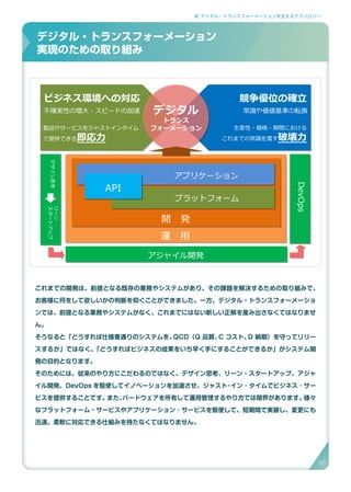 2. デジタル・トランスフォーメーションを支えるテクノロジー
これまでの開発は、前提となる既存の業務やシステムがあり、その課題を解決するための取り組みで、
お客様に何をして欲しいかの判断を仰ぐことができました。一方、デジタル・トランスフォーメーショ
ンでは、前提となる業務やシステムがなく、これまでにはない新しい正解を産み出さなくてはなりませ
ん。
そうなると「どうすれば仕様書通りのシステムを、QCD（Q 品質、C コスト、D 納期）を守ってリリー
スするか」ではなく、「どうすればビジネスの成果をいち早く手にすることができるか」がシステム開
発の目的となります。
そのためには、従来のやり方にこだわるのではなく、デザイン思考、リーン・スタートアップ、アジャ
イル開発、DevOps を駆使してイノベーションを加速させ、ジャスト・イン ･ タイムでビジネス ･ サー
ビスを提供することです。また、バードウェアを所有して運用管理するやり方では限界があります。様々
なプラットフォーム・サービスやアプリケーション ･ サービスを駆使して、短期間で実装し、変更にも
迅速、柔軟に対応できる仕組みを持たなくてはなりません。
デジタル・トランスフォーメーション実現のための取り組み
デザイン思考
リーン
スタートアップ
アジャイル開発
アプリケーション
プラットフォーム
API
開　発
運　用
ビジネス環境への対応 競争優位の確立
不確実性の増大・スピードの加速
製品やサービスをジャストインタイム
で提供できる即応力
常識や価値基準の転換
生産性・価格・期間における
これまでの常識を覆す破壊力
デジタル
トランス
フォーメーション
DevOps
デジタル・トランスフォーメーション
実現のための取り組み
36
 