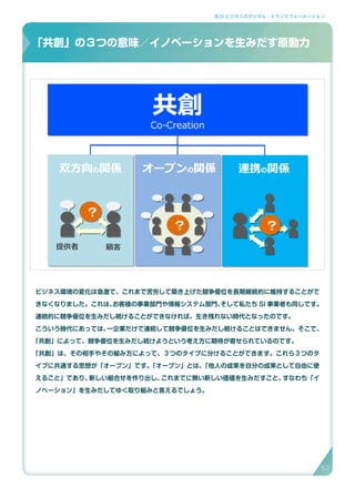 3.SI ビジネスのデジタル・トランスフォーメーション
ビジネス環境の変化は急激で、これまで苦労して築き上げた競争優位を長期継続的に維持することがで
きなくなりました。これは、お客様の事業部門や情報システム部門、そして私たち SI 事業者も同じです。
連続的に競争優位を生みだし続けることができなければ、生き残れない時代となったのです。
こういう時代にあっては、一企業だけで連続して競争優位を生みだし続けることはできません。そこで、
「共創」によって、競争優位を生みだし続けようという考え方に期待が寄せられているのです。
「共創」は、その相手やその組み方によって、３つのタイプに分けることができます。これら３つのタ
イプに共通する思想が「オープン」です。「オープン」とは、「他人の成果を自分の成果として自由に使
えること」であり、新しい組合せを作り出し、これまでに無い新しい価値を生みだすこと、すなわち「イ
ノベーション」を生みだしてゆく取り組みと言えるでしょう。
「共創」の３つの意味／イノベーションを生みだす原動力
「共創」の３つの意味／イノベーションを生みだす原動力
共創
Co-Creation
共創
Co-Creation
提供者 顧客
？？
？？ ？？
双方向の関係 オープンの関係 連携の関係
57
 
