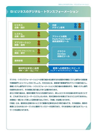 3.SI ビジネスのデジタル・トランスフォーメーション
デジタル・トランスフォーメーションへの取り組みを主導するのは既存の情報システム部門から経営者
や事業部門へとシフトしてゆくでしょう。そのためには、経営者や事業部門のデマンドを掘り起こし、
情報システム部門がデジタル・トランスフォーメーションに取り組める環境を作り、情報システム部門
の変革も合わせて、その実現に取り組んでゆく必要があります。
またこの取り組みは、既存の業務プロセスの改善ではなく、新しいビジネスの仕組みを作り出すことで
す。これまでのようにユーザーにどうしたいのか、何が正解なのかを教えてもらうことができません。
お客様と一緒になって新しい正解を創り出してゆく、「共創」が必要となります。
「共創」とは、絶対的な正解のないところで最善の正解を生みだす取り組みです。その前提は、既存の
発想にとらわれないオープンさと最新テクノロジーの活用であり、それを効率よく創り出すフレーム
ワークが必要となります。
SI ビジネスのデジタル・トランスフォーメーション
事業者
共創
デザイン思考 お客様
アジャイル開発
PaaS/FaaS/SaaS
超高速開発ツール 事業者お客様
クラウド
DevOps
自動化ツール
変更への柔軟性とスピード
シェア × サブスクリプション ＝ 利益と売上
SIビジネスのデジタル・トランスフォーメーション
ビジネス
企画・設計
システム
企画・設計
アプリケーション
開発・運用
インフラ･プラットフォーム
構築・保守
運用管理
お客様
事業者
事業者
事業者
事業者
絶対的な安定と品質
物販 × 工数 ＝ 売上と利益
61
 