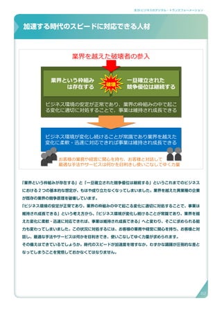 3.SI ビジネスのデジタル・トランスフォーメーション
「業界という枠組みが存在する」と「一旦確立された競争優位は継続する」というこれまでのビジネス
における 2 つの基本的な想定が、もはや成り立たなくなってしまいました。業界を越えた異業種の企業
が既存の業界の競争原理を破壊しています。
「ビジネス環境の安定が正常であり、業界の枠組みの中で起こる変化に適切に対処することで、事業は
維持され成長できる」という考え方から、「ビジネス環境が変化し続けることが常識であり、業界を越
えた変化に柔軟・迅速に対応できれば、事業は維持され成長できる」へと変わり、そこに求められる能
力も変わってしまいました。この状況に対処するには、お客様の業務や経営に関心を持ち、お客様と対
話し、最適な手法やサービスは何かを目利きでき、使いこなしてゆく力量が求められます。
その備えはできているでしょうか。時代のスピードが加速度を増すなか、わずかな躊躇が圧倒的な差と
なってしまうことを覚悟しておかなくてはなりません。
加速する時代のスピードに対応できる人材
加速する時代のスピードに対応できる人材
26
　業界という枠組み
　　　　は存在する
　業界という枠組み
　　　　は存在する
一旦確立された
　　競争優位は継続する
一旦確立された
　　競争優位は継続する破壊
業界を越えた破壊者の参入
ビジネス環境が変化し続けることが常識であり業界を越えた
変化に柔軟・迅速に対応できれば事業は維持され成長できる
ビジネス環境が変化し続けることが常識であり業界を越えた
変化に柔軟・迅速に対応できれば事業は維持され成長できる
ビジネス環境の安定が正常であり、業界の枠組みの中で起こ
る変化に適切に対処することで、事業は維持され成長できる
お客様の業務や経営に関心を持ち、お客様と対話して
最適な手法やサービスは何かを目利きし使いこなしてゆく力量
82
 