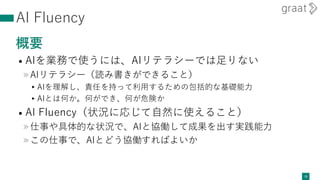 AI Fluency
概要
• AIを業務で使うには、AIリテラシーでは足りない
»AIリテラシー（読み書きができること）
▸AIを理解し、責任を持って利用するための包括的な基礎能力
▸AIとは何か。何ができ、何が危険か
• AI Fluency（状況に応じて自然に使えること）
»仕事や具体的な状況で、AIと協働して成果を出す実践能力
»この仕事で、AIとどう協働すればよいか
10
 