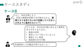 ケーススタディ
ケースB
17
よし、AIを活用しよう
『A社の事業本部長アポが取れたから、質
問リストを作りたいので支援してください。
どのように進めたらいい？」
部下
たとえば、次の4点を順に考えると質問を
作りやすくなります。
• 面談の目的
• 相手について知っていること
• 確認したい仮説
• 面談後の次の行動
先週発表したAI製品の売り込みっと…
 