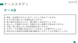 ケーススタディ
ケースB
18
• 現在、AI活用をどのようなテーマとして捉えていますか。
• すでに取り組んでいる領域はありますか。
• 取り組みを進めるうえで、最も難しい点は何でしょうか。
• AIによって改善できれば、効果が大きい業務や工程はありますか。
• 今後、特に強化したいAI活用領域はありますか。
• そのテーマを実際に担当されているのは、どの部門でしょうか。
• 担当の方と具体的な情報交換の機会をいただくことは可能でしょうか。
 