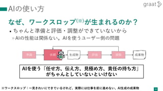 AIの使い方
なぜ、ワークスロップ(※)が生まれるのか？
• ちゃんと準備と評価・調整ができていないから
»AIの性能は関係ない。AIを使うユーザー側の問題
23
準備 依頼 評価 調整 成果物
生成物 成果物
AIを使う「任せ方、伝え方、見極め方、責任の持ち方」
がちゃんとしていないといけない
※ワークスロップ：一見きれいにできているけれど、実際には仕事を前に進めない、AI生成の成果物
 