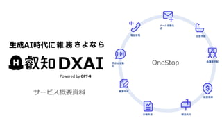DXAI
Powered by GPT-4
サービス概要資料
生成AI時代に
メール自動生
成
電話受電
問合せ自動
化
概要作成
出張手配
経費精算
会議室手配
日報作成 郵送代行
OneStop
 